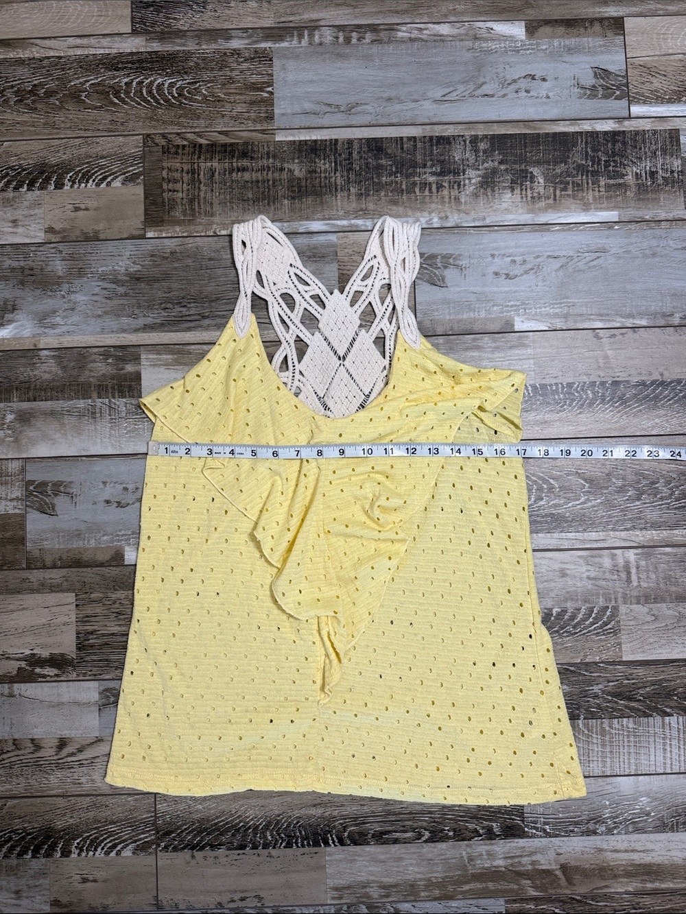 Crochet-Back Ruffle Eyelet Tank Top - Light Yellow - Picture 2 of 6